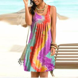 Casual Dresses Women Mini Dress Summer Sleeveless O Neck Pleated Tie Dye Printed Loose Swing Beach Plus Size Female Vestidos