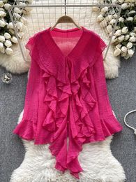 Women's Blouses Women Spring Blouse Korean Version Petal Sleeve Shirt With Ruffle Edge Sheer Loose Design Light Luxury Super Fairy Top D5237