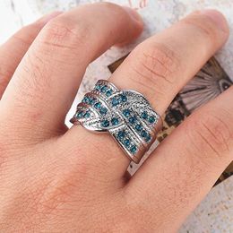 Cluster Rings Fashion Layered Irregular Cross Blue Crystal Zircon Diamonds Gemstones For Women White Gold Silver Colour Jewellery Accessory