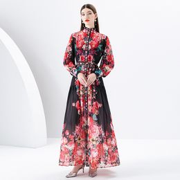 Stand Collar Floral Maxi Dress with Belt Women Designer Long Sleeve Slim Elegant Fit Vacation Bohemian Dresses 2023 Spring Autumn Fashion Runway Cute Party Frocks