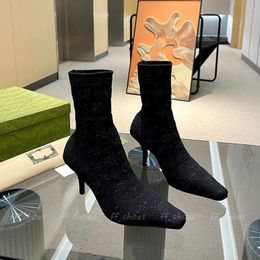 Womens Designer Boots New Fashion Black Knitted Elastic Ankle Boot High Quality Square Toe Cap Woman Stiletto Shoes EUR42