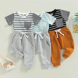 Clothing Sets 0-3Y Toddler Baby Boy Clothes Casual Stripe Patchwork Short Sleeve Crew Neck Pocket Tops Elastic Waist Long Pants 2Pcs Set