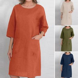 Casual Dresses Women Dress Round Neck Loose Three Quarter Sleeves Knee Length Match Shoes Pullover Pockets Commute Midi Clothes