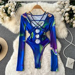 Nxy Hollow Out Sexy Palysuits Long Sleeve V Neck Cross Design Rompers Fashion Women Blue Beach Slim Bodysuits 230328