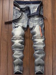 Men's Pants 2024 New Retro Men Stitching Simple Jeans Personality Mid-Waist Slacks Fashion Zipper Motorcycle Hip Hop Clothing J231102