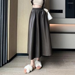 Skirts PU Leather Skirt Women Vintage Long For High Waisted Pleated Korean Fashion Autumn Clothing Black