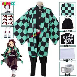 ANIMECC Adult Kids Demon Slayers Kimetsu No Yaiba Tanjirou Kamado Cosplay Costume Wig Earring Tattoo Stickers Anime Halloween cosplay