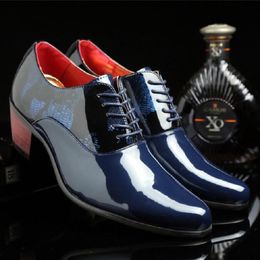 New Fashion Blue Black Men's High Heel Shoes Pointed Leather Dress Shoes Men Lace-up Wedding Shoes Men zapatos hombre D2H9