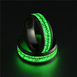 Novo designer de aço inoxidável senhor do ouro prata anel fluorescente brilhante logotipo hip hop anéis de dedo brilham no escuro padrão anéis luz noturna