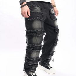 Women s Jeans Men High street Loose Ripped Patch Trousers Stylish Hip Hop Male Solid Straight Denim Pants 231102