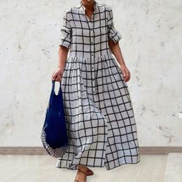 Casual Dresses Single-breasted Long Sleeve Dress Stylish Women's Plaid Print Maxi A-line Patchwork Design Loose Hem