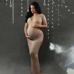 Maternity Dresses Crystals Maternity Photography Props Dress Fashion Black Mesh Sheer Maxi Dress For Photo Shoot Q231102