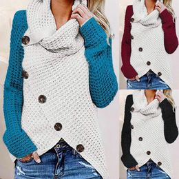 Women's Sweaters Women Button Top Cowl Neck Long Sleeve Asymmetric Wrap Pullover Sweater Jumper Tops