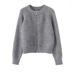 Women's Knits Deeptown Gray Women Knitted Cardigan Solid Casual Zip Up Sweater O-neck Knitwear Autumn Female Long Sleeve Vintage Basic Tops