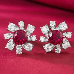 Stud Earrings Pigeon Blood Red One Carat Round Diamond Sunflower Petals Small And High End Light Luxury Fashion