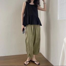 Women's Two Piece Pants 2023 Summer Korean 2 Sets Female Cotton Linen Vest Tops And Loose Wide Leg Ladies Casual Suits Y48