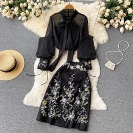 Work Dresses Two Piece Sets Women Dress Suits 2023 Summer Black Embroidery Blouses Short Skirts Lady