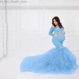 Maternity Dresses Women Long Sleeve Off Shoulder Lace Maternity Dress for Photography Baby Shower with Mermaid Tulle Gown Photoshoot Baby Shower Q231102