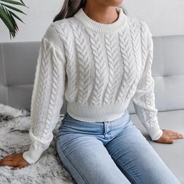 Women Blends Crop Cable Knit White Sweater Long Sleeve Crew Neck Pullover Women Jumper Soft Girls Autumn Winter Thick Warm Knitwear 231102