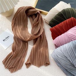 Scarves Plain Women Silk Scarf Long Ribbon Head Small Pleated Hijab Muslim Wrap Kerchief Solid Colour Shawl