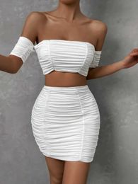 Urban Sexy Dresses Women Off Shoulder Mini Dress Short Sleeve Backless Pleated Party Club Wear Bodycon Ruched Two Piece Set Female Frocks