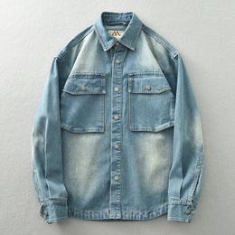 Men's Jackets Fashionable Retro Three-dimensional Pocket Washed Denim Shirt Light Blue Casual Loose Long-sleeved Jacket