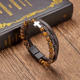 Charm Bracelets Men Leather Bracelet Vintage Fashion Tiger Eye Volcanic Stone Beaded Multi Layer Cross For Jewellery Gift