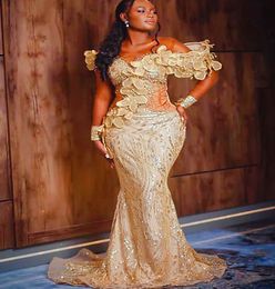 2023 Nov Aso Ebi Arabic Mermaid Gold Prom Dress Beaded Sequined Lace Evening Formal Party Second Reception Birthday Engagement Gowns Dresses Robe De Soiree ZJ0256