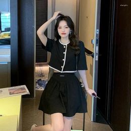 Work Dresses Summer Women's Fragrance Sweet Crew Neck Top Puff Skirt Two Piece Set/Suit Ladies Black White