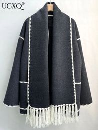 Women's Wool Blends UCXQ Vintage Woollen Overcoat With Scarf Autumn Knitted Tassels Cloak Style Mixed Colour O-neck Coat Available stock fast delivery 231101