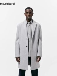 Men's Wool Blends Mauroicardi Autumn Winter Warm Soft Light Grey Woollen Coat Men with Back Slit Single Breasted Luxury Overcoat 2023 231102