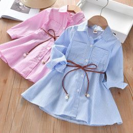 Girl Dresses Children Leisure Kids Stripe A-line Shirt Dress Simple Casual Waist Band For Holiday