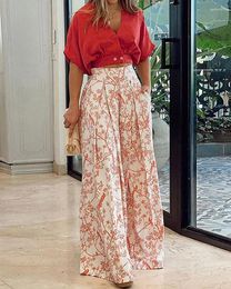 Women's Two Piece Pants Summer Pieces Set Buttoned Crop Top And Plants Print Wide Leg