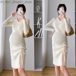 Maternity Dresses Women Pregnancy Winter Sexy Hot Drawstring Side Splits Knitted Maternity Dress Elegant A Line Clothes for Pregnant Q231102