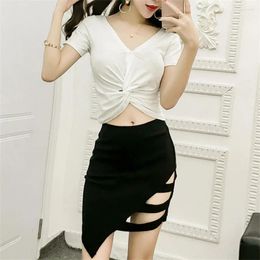 Skirts Black Mini Women Elastic High Waist Slim A Line Skirt Sexy Club Korean Folds Knitted Bodycon