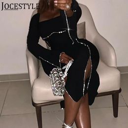 Basic Casual Dresses Sexy Women Long Sleeve Dress Sparkle Diamond Sheath Pullover s Slim Fit Skinny Fashion Party Evening 231101