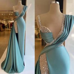 2023 Lake Blue Prom Dresses Designer Sparkly Sequins Beaded Satin High Split Custom Made Evening Gown Formal Occasion Wear Vestidos Plus Size