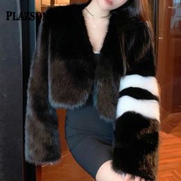 Women's Fur PLAZSON Women Faux Short Coat V Neck Casual Black Outwear Cropped Tops Hairy Fluffy Party Elegant Luxury Feather Jacket