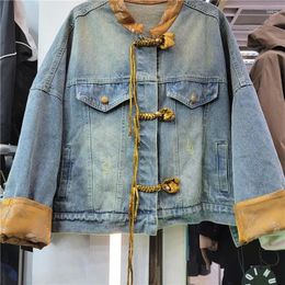 Women's Jackets Gotoola Fall 2023 Chinese Style Braid Buckle High-Grade Pattern Retro Embroidery Stitching Loose Casual Denim Jacket