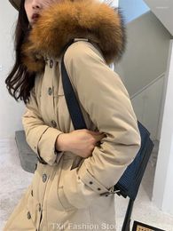 Women's Trench Coats 2023 Women Winter White Duck Down Coat Long With Big Fur Collar Jacket Female British Style Double Breasted