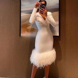 Modern Sheath Short Womens Prom Dresses Long Sleeves V-Neck Feathers Party Gown Buttons Zipper-Up Knee Length Club Wear 326 326