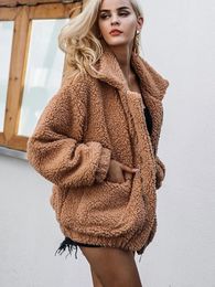 Women's Fur Faux Fur Fashion Autumn Women Teddy Bear Fluffy Jacket Stand Collar Loose Plush Jacket Brown Solid Warm Outwear Faux Lamb Coats 231102