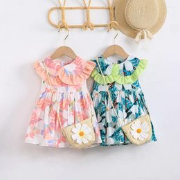 Girl Dresses Summer 2023 Arrivals Girls Sleeveless O Neck Ruffles Print Floral Pink Infantil Menina Cute Party Dress Custume 0-2T