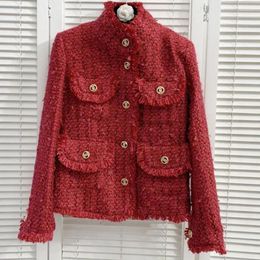 Women's Jackets Arrival Red Small Fragrance Tweed Jacket Women Stand Collar Single Breasted Short Winter Outerwear