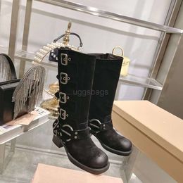 Miui Ding shoe 2023 Home Autumn/Winter New High Genuine Leather Thick Heel Long Boots Women's British Style Knee Up High Sleeve Knight Boots