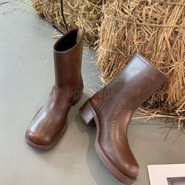 Miui Straight 2023 Autumn/Winter Post Zip Boots shoe Short Boots Women Thick Sole Polished Medium Heel Martin Boots Women