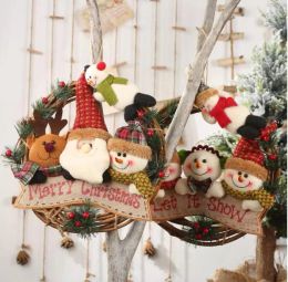 29cm Christmas Wreath Cane Ring Simulation Cotton Door Hanger Xmas Decoration Elderly Snowman Elk Vine Ring Pendant 1102