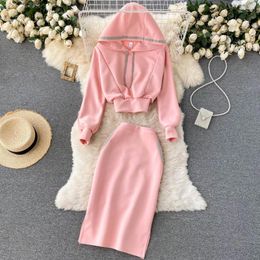 Work Dresses Women Two Piece Tracksuit Casual Pink Long Sleeve Short Hooded Sweatshirt And High Waist Pencil Skirt Suits 2023 Autumn Lady