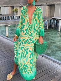 Casual Dresses Retro Print Dress Women Oversize Long Summer Female Sexy Deep V Neck Maxi Ladies Vintage Loose Full Sleeve