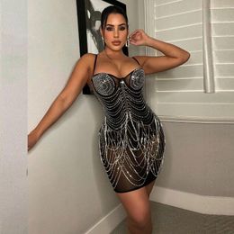 Casual Dresses Tassels Dress Mini Party Sexy Luxury Mesh 2023 Summer Women Clothes Evening Bodycon Rhinestone Elegant Black